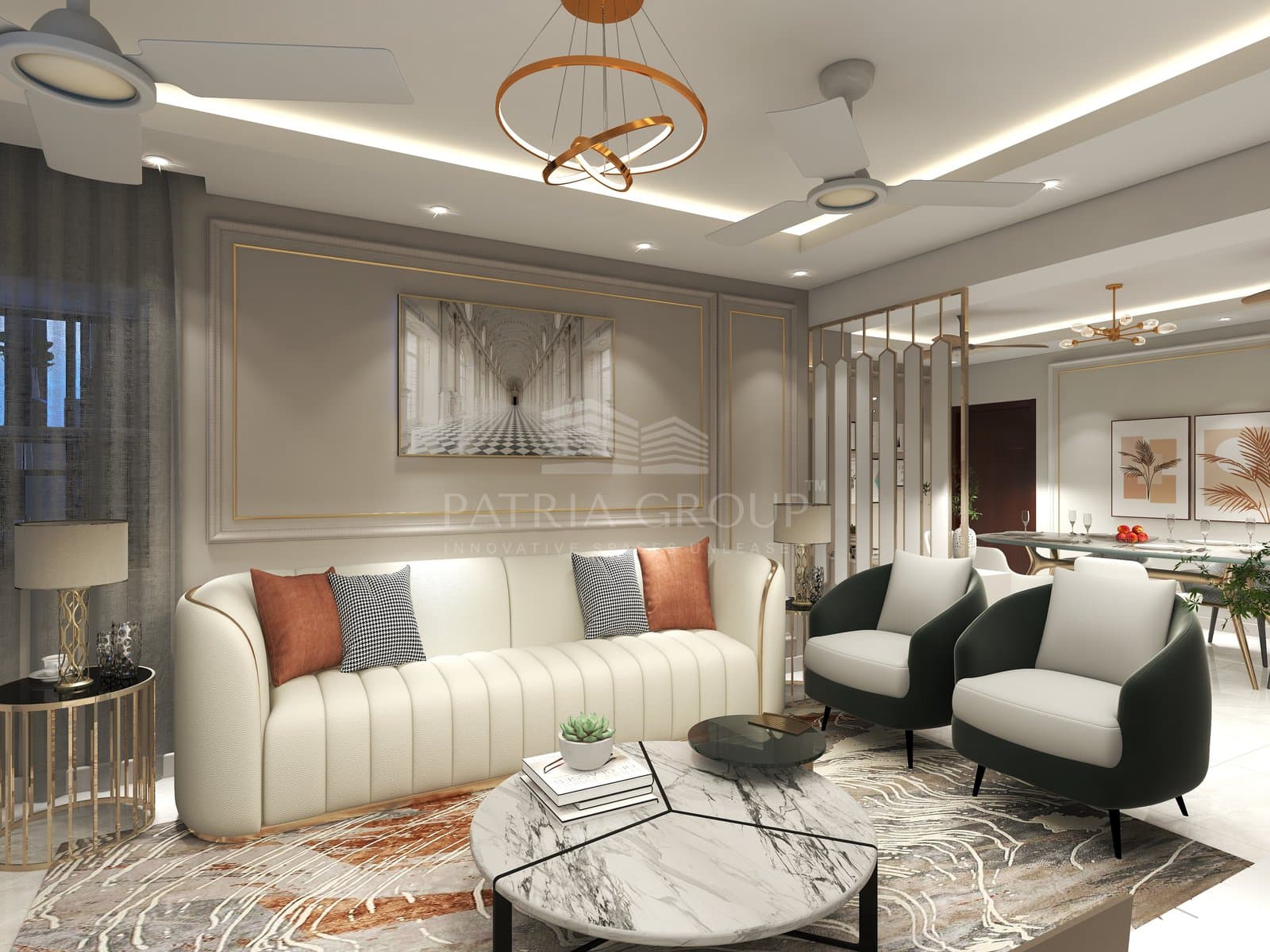 Beautifully designed living room with warm tones